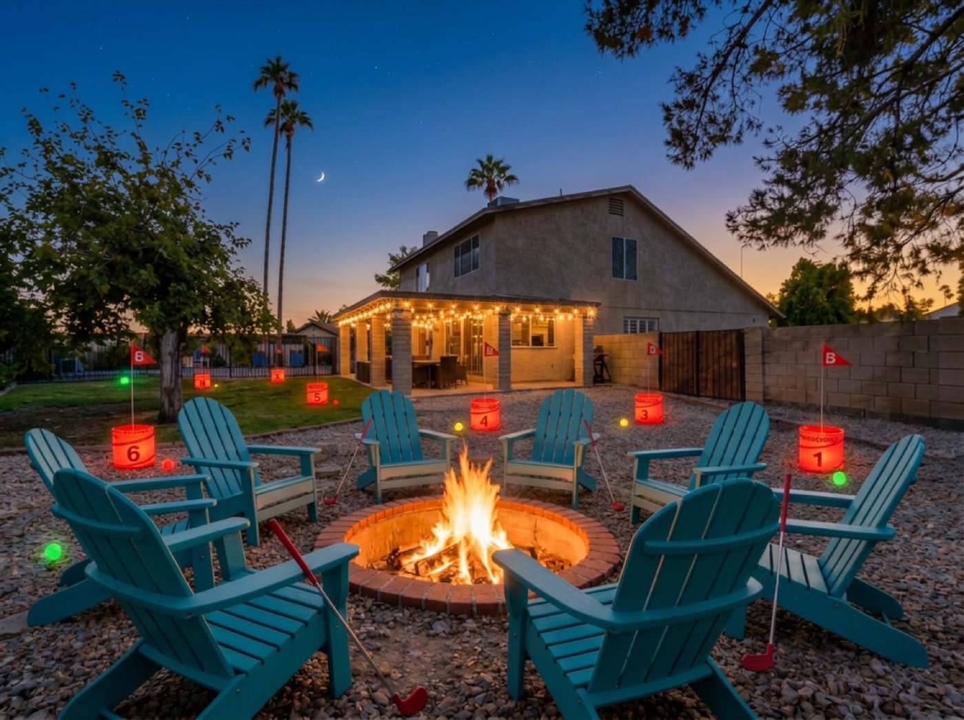 Airbnb backyard hero shot at dusk with fire pit and string lights