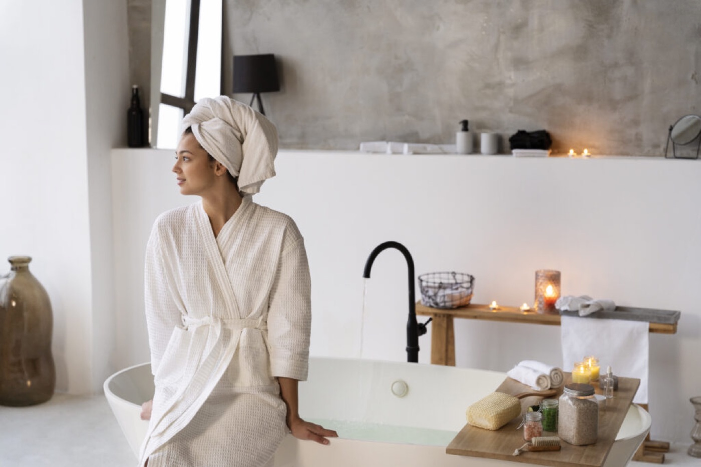 Guest relaxing beside the tub in a spa-style Airbnb bathroom