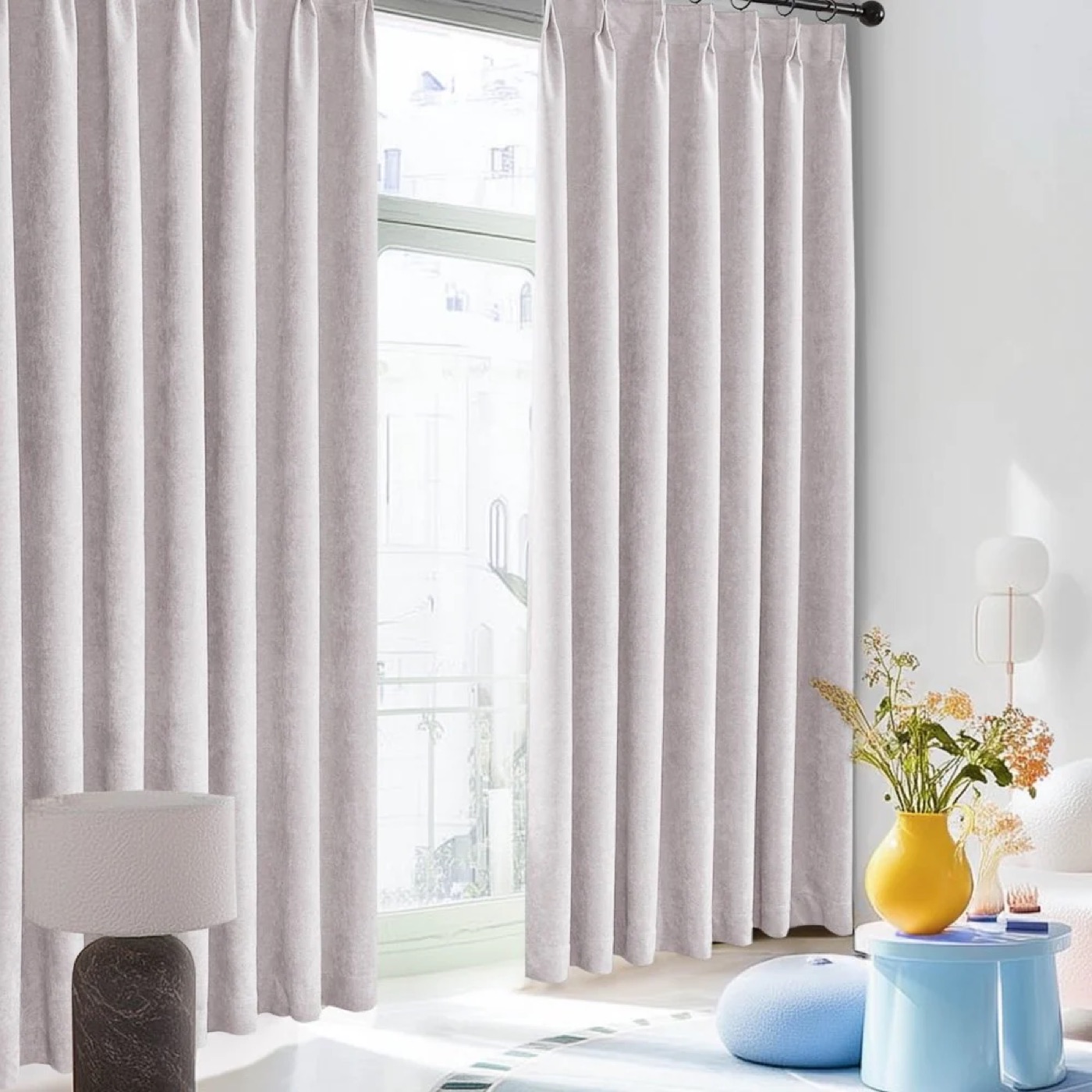 Heloise 100% total blackout custom curtains, tailored floor-length style