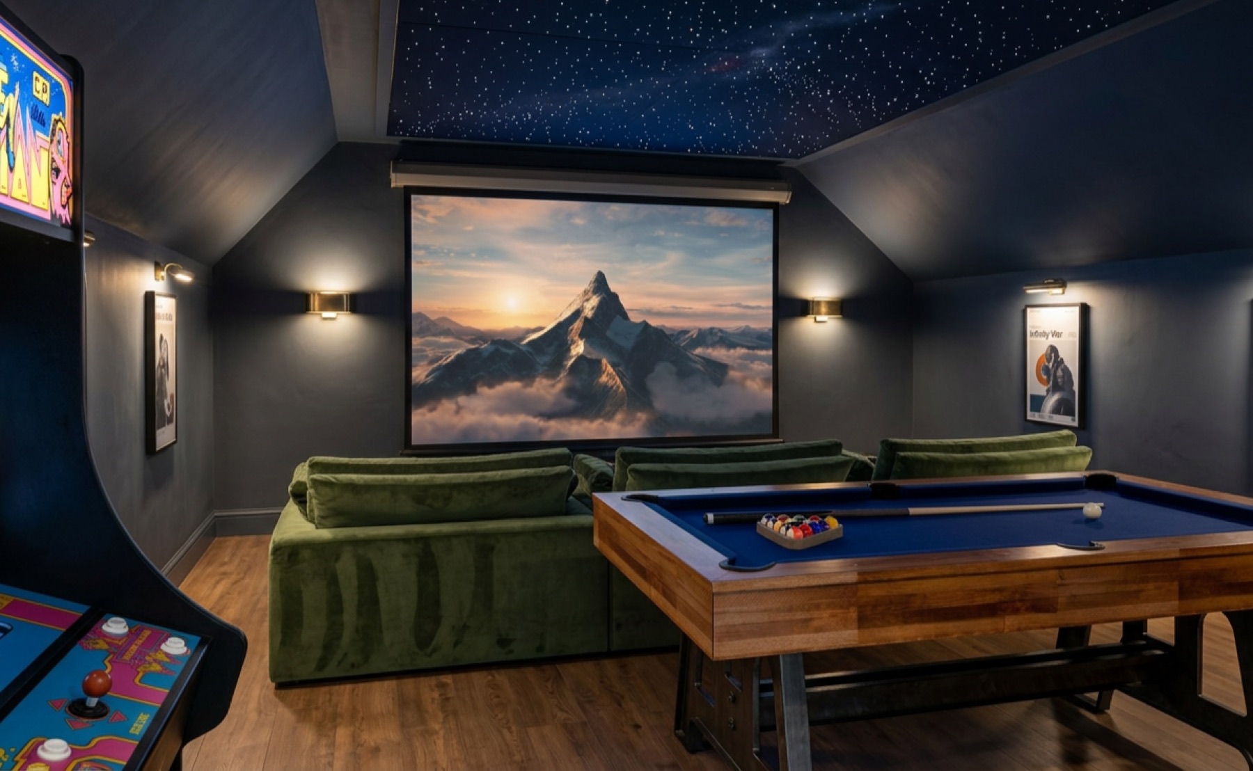 Bold home theater and game room after design, with mountain screen and starry ceiling