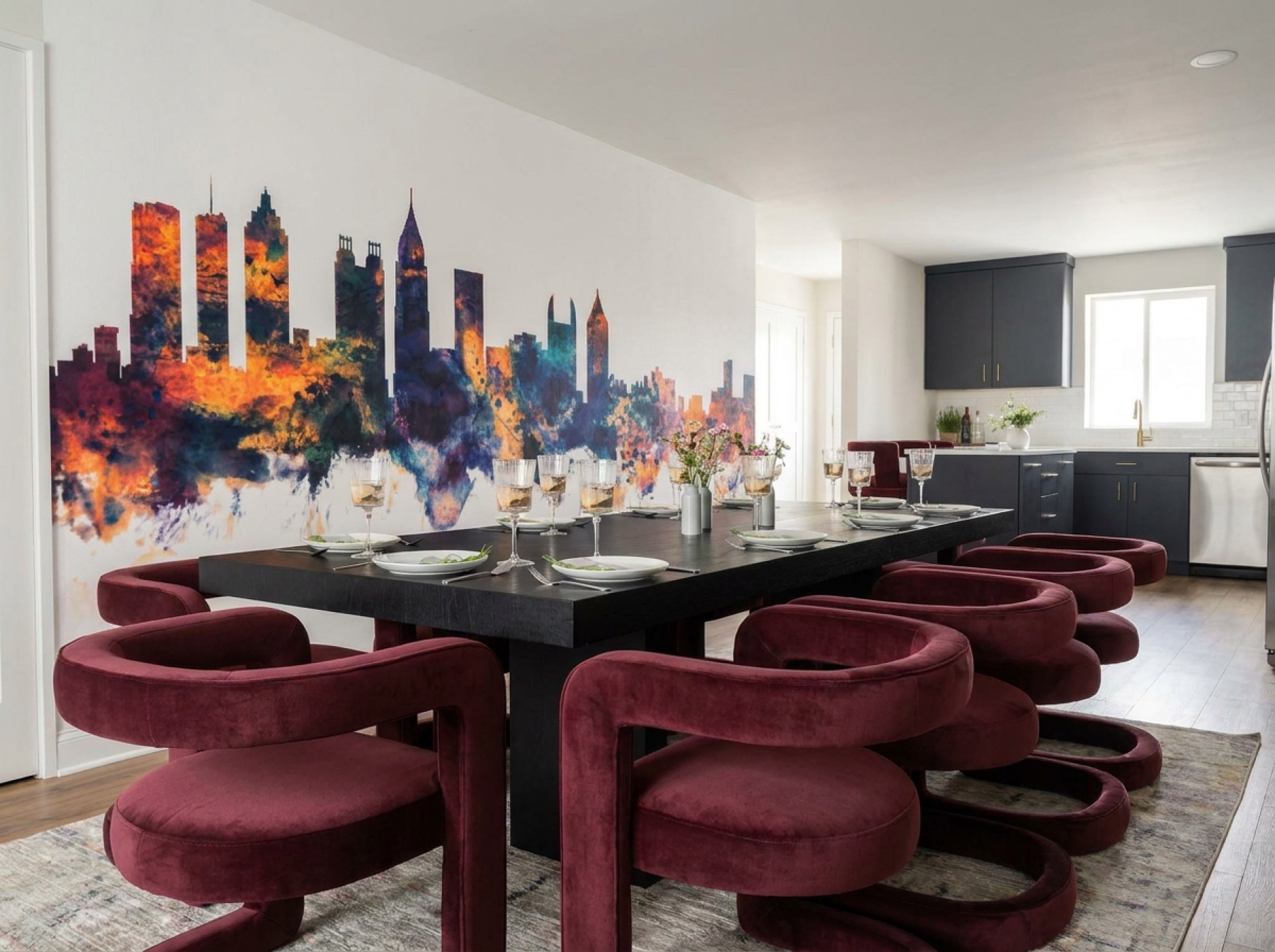 Bold Airbnb dining room styled for listing photography